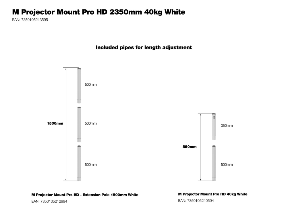 Multibrackets M Projector Mount Pro HD 2350mm 40kg White | 7350105213595 Projector Mount Multibrackets