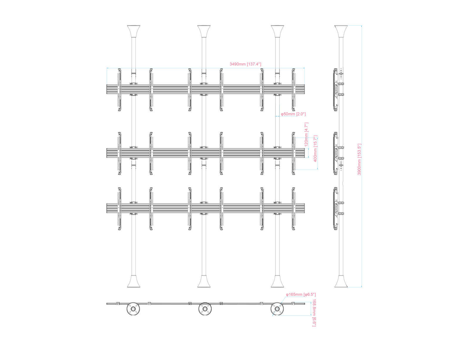 Multibrackets MBFC3UX3 M Pro 3m 9-Screen Floor to Ceiling Mount For 40"-65" Screens | 7350105216657