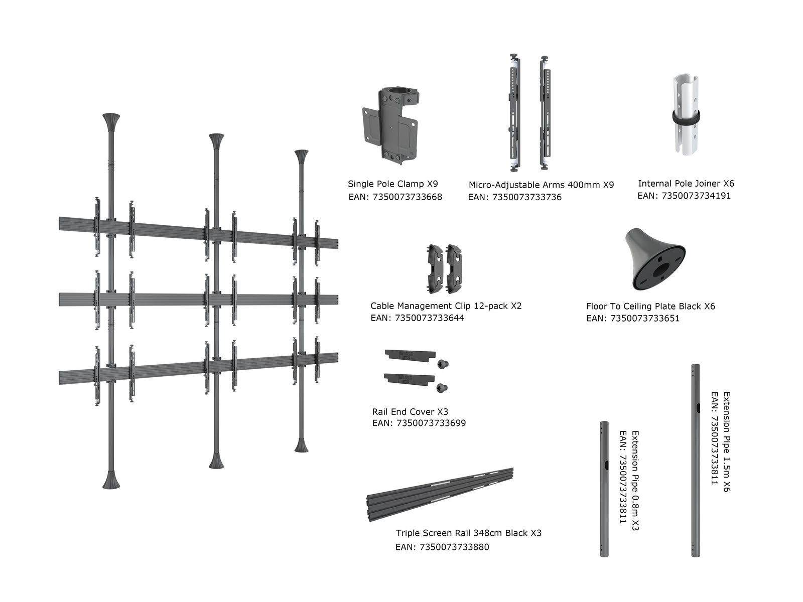 Multibrackets MBFC3UX3 M Pro 3m 9-Screen Floor to Ceiling Mount For 40"-65" Screens | 7350105216657