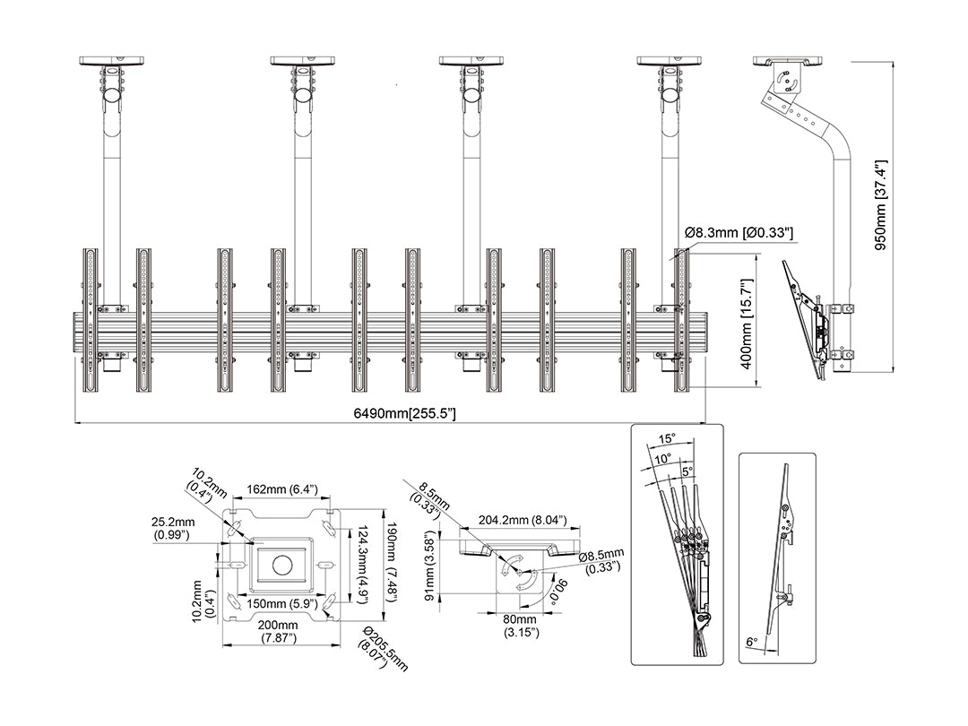 Multibrackets 0.8m Tilt 40"-65" Pro Series Menu Board Ceiling Mount For 5 Screens | MBC5X1UGC Ceiling Mount Bracket Multibrackets