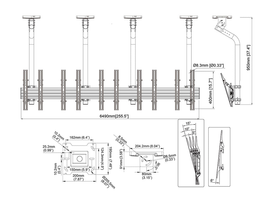 Multibrackets 0.8m Tilt 40"-65" Pro Series Menu Board Ceiling Mount For 5 Screens | MBC5X1UGC Menu Board Mounting Systems Multibrackets