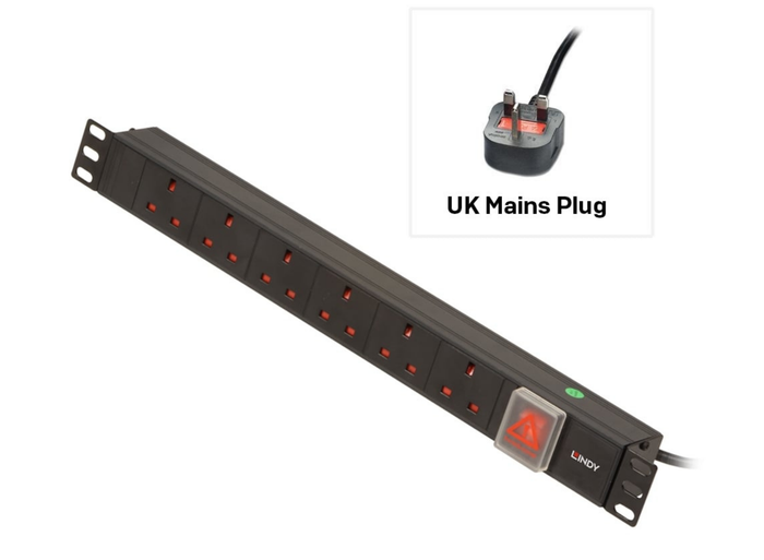 Lindy 1U 6 Way UK Sockets, Horizontal PDU with UK Plug | 73560 Power & Charging Lindy