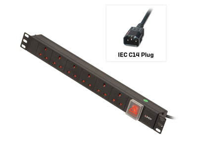 Lindy 1U 6 Way UK Sockets, Horizontal PDU with IEC C14 Cable | 73561 Power Distribution Units (PDUs) Lindy