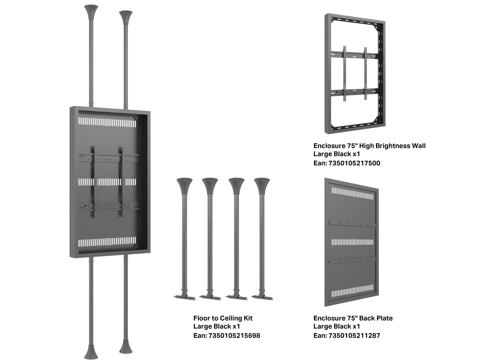 Multibrackets M Pro Series Enclosure 75" High Brightness Floor to Ceiling Large Black Signage Display Enclosures Multibrackets