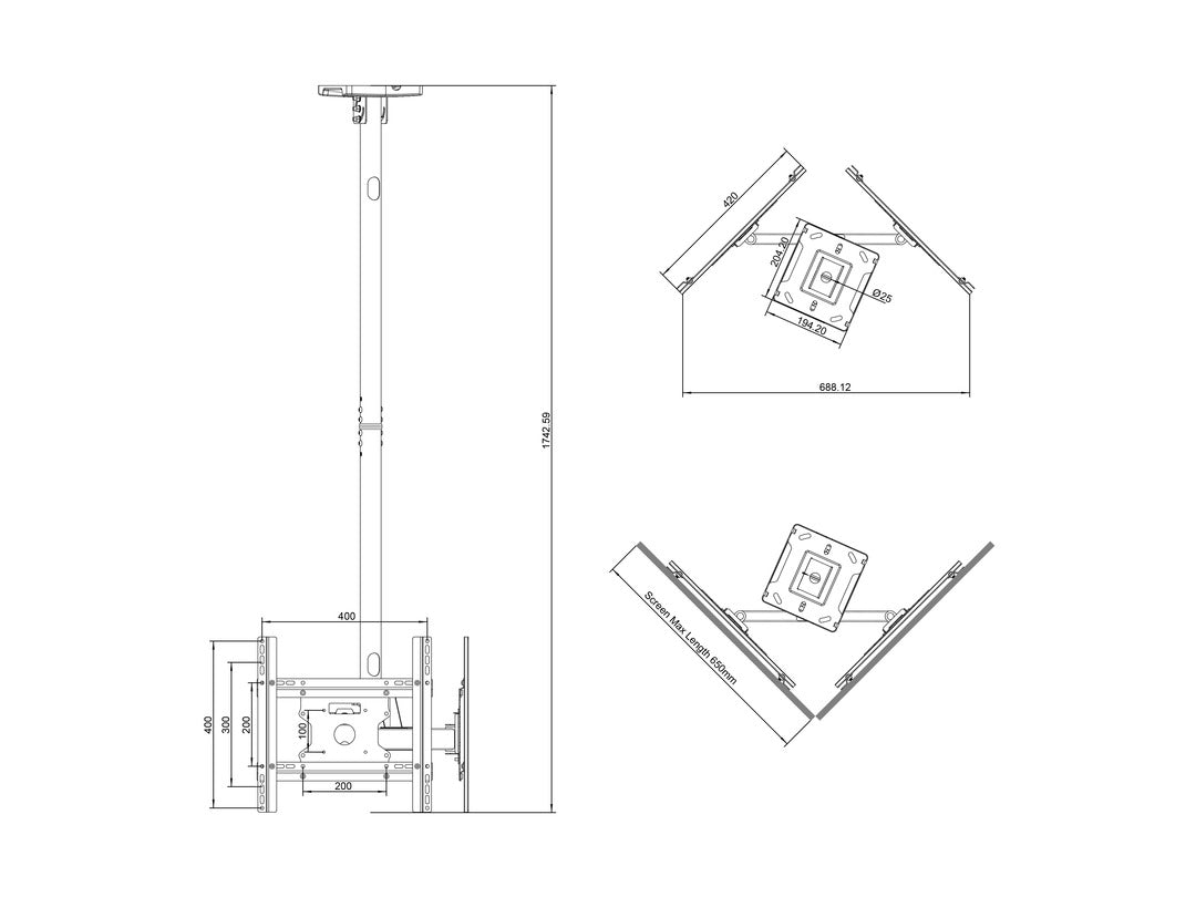 Multibrackets 32" - 49" 49BDL-4050D 0.8m Display Ceiling Mount Pro For 2 Screens Ceiling Mount Bracket Multibrackets
