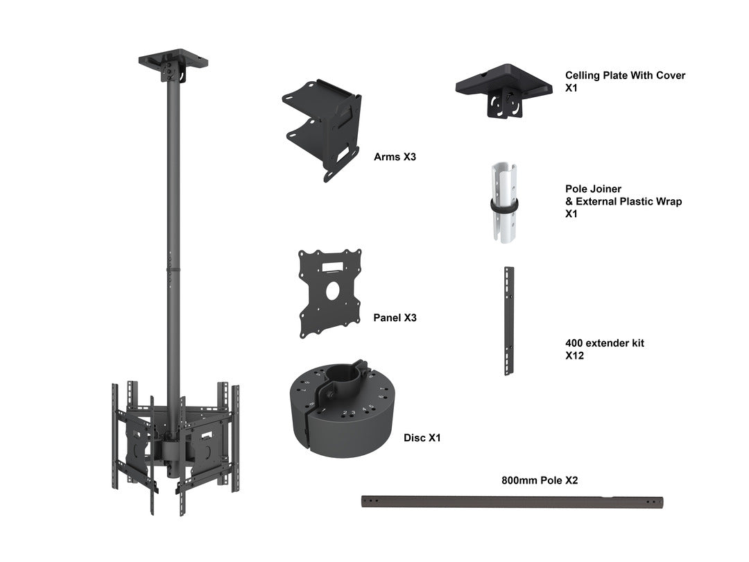 Multibrackets 32" - 49" 49BDL-4050D 0.8m Display Ceiling Mount Pro For 3 Screens Ceiling Mount Bracket Multibrackets