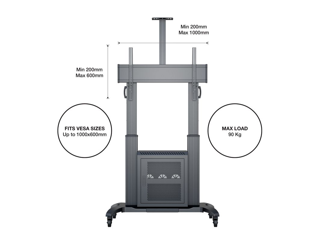 Multibrackets M Public Floorstand Dual Pillar 180 HD with AV Cabinet | For 60" - 100" Screens Mobile Trolley Multibrackets