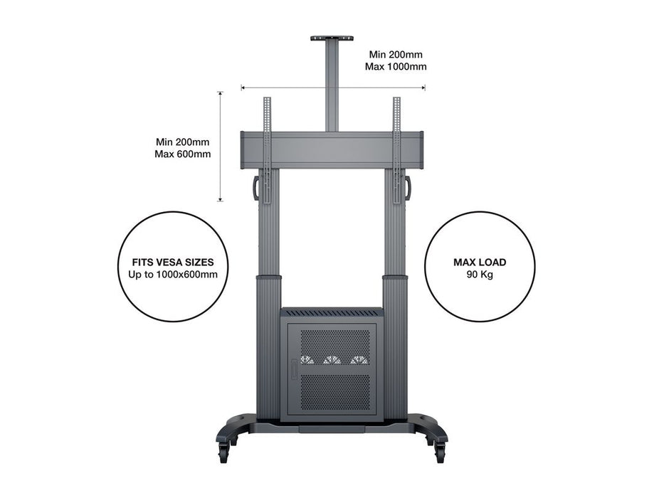 Multibrackets M Public Floorstand Dual Pillar 180 HD with AV Cabinet | For 60" - 100" Screens