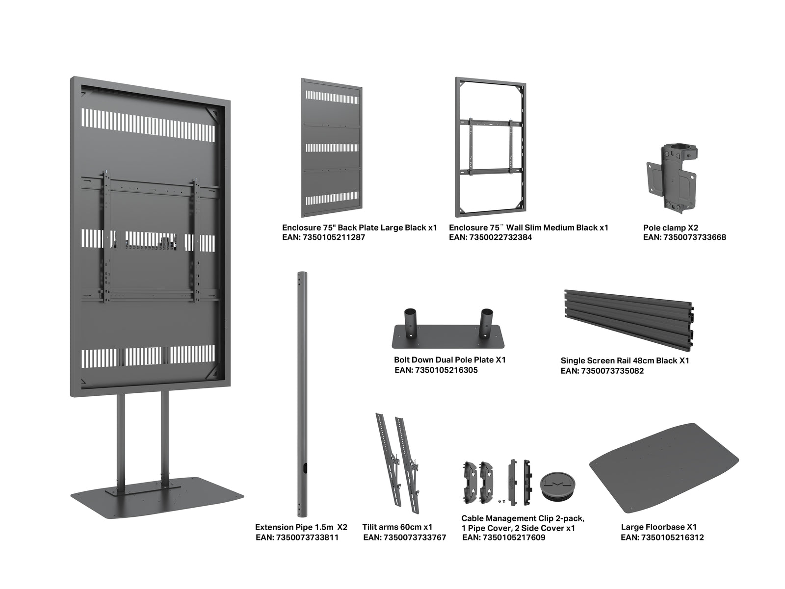 Multibrackets M Pro Series Enclosure 75" Dual Pole Slim Floorbase Signage Display Enclosures Multibrackets