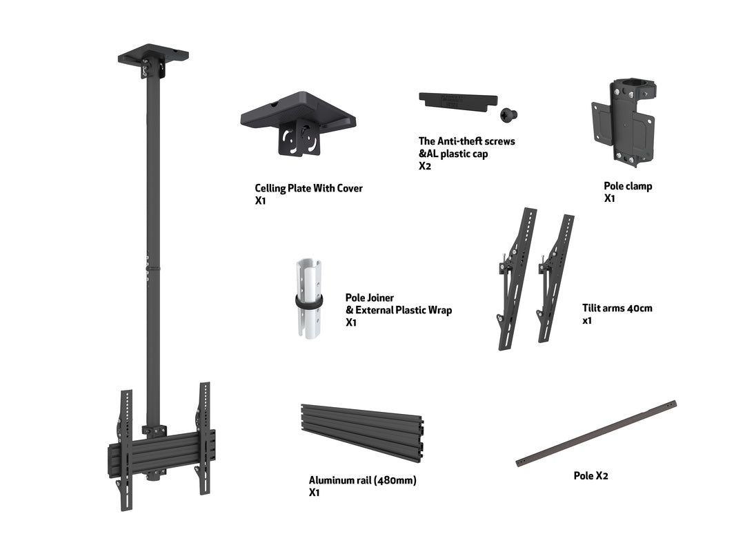 Multibrackets 32" - 65" 1.5m Pole Single Side Display Ceiling Mount Pro Ceiling Mount Bracket Multibrackets