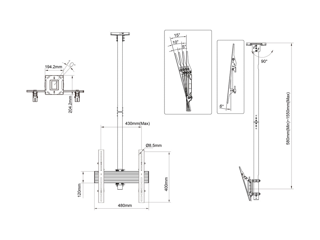 Multibrackets 32" - 65" 1.5m Pole Single Side Display Ceiling Mount Pro Ceiling Mount Bracket Multibrackets