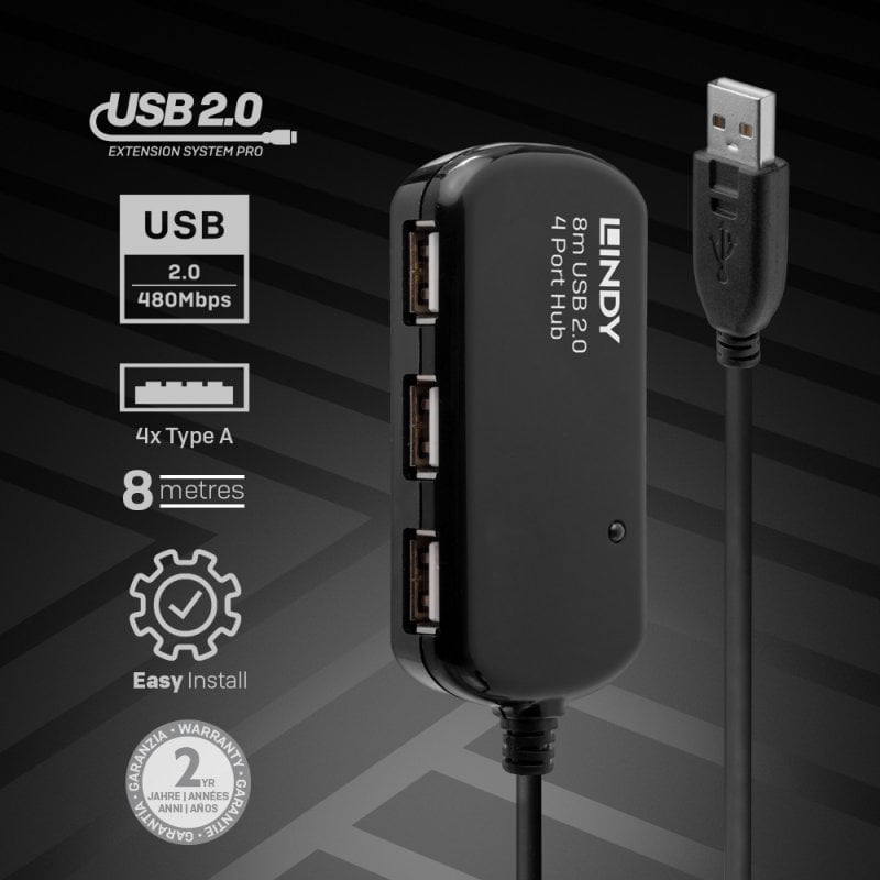 Lindy 8m USB 2.0 Active Extension Pro 4 Port Hub | 42781 USB Hub & Docking Station Lindy