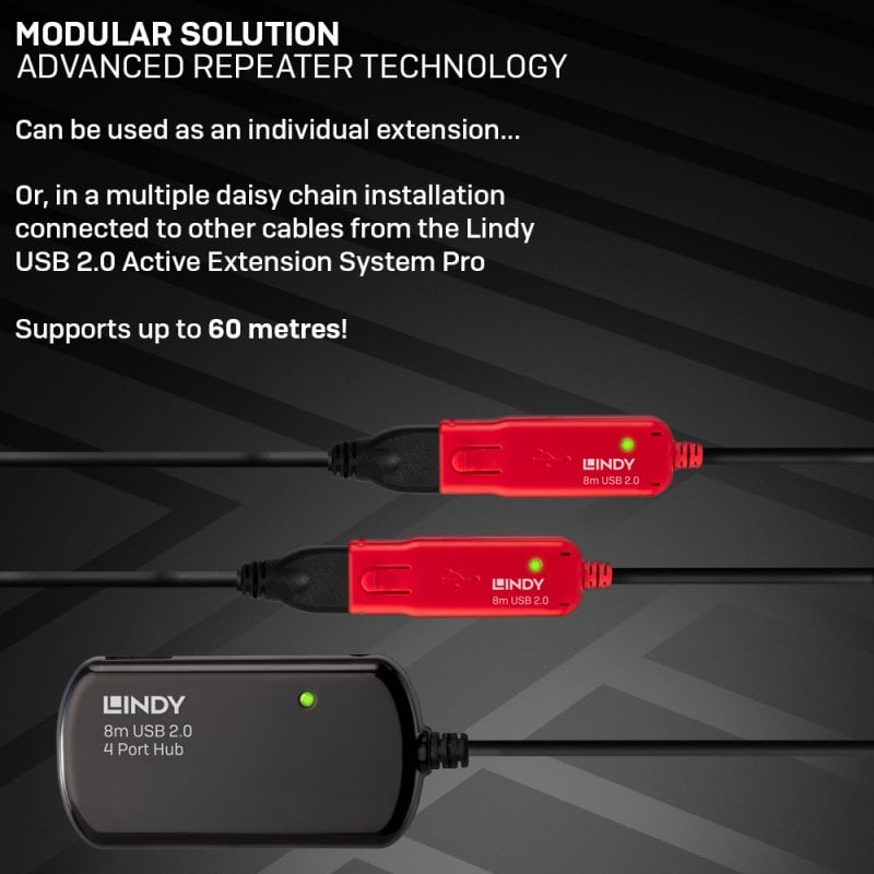 Lindy 8m USB 2.0 Active Extension Pro 4 Port Hub | 42781 USB Hub & Docking Station Lindy