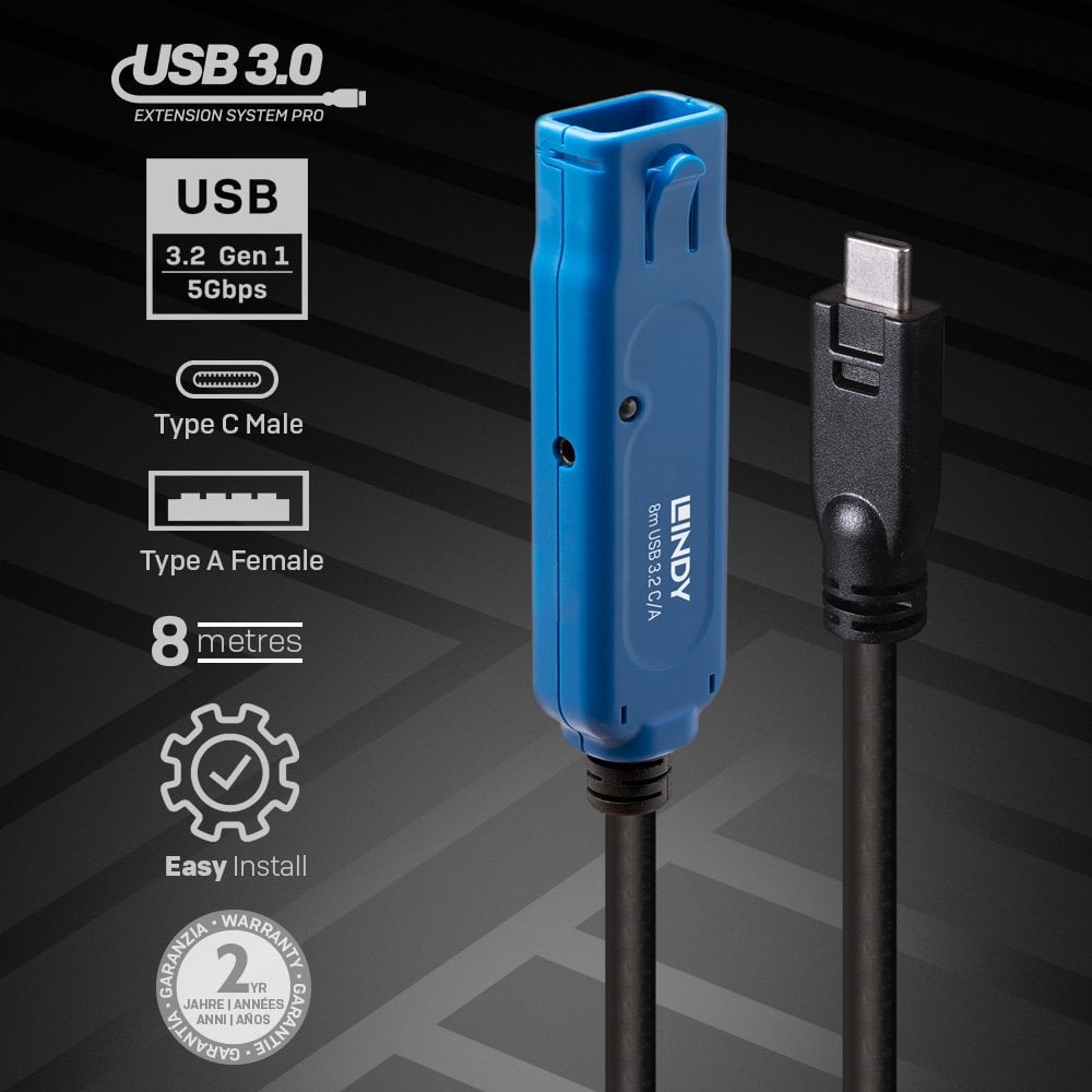 Lindy 8m USB 3.2 5Gbps C/A Active Extension Pro | 43381 USB Cable Lindy