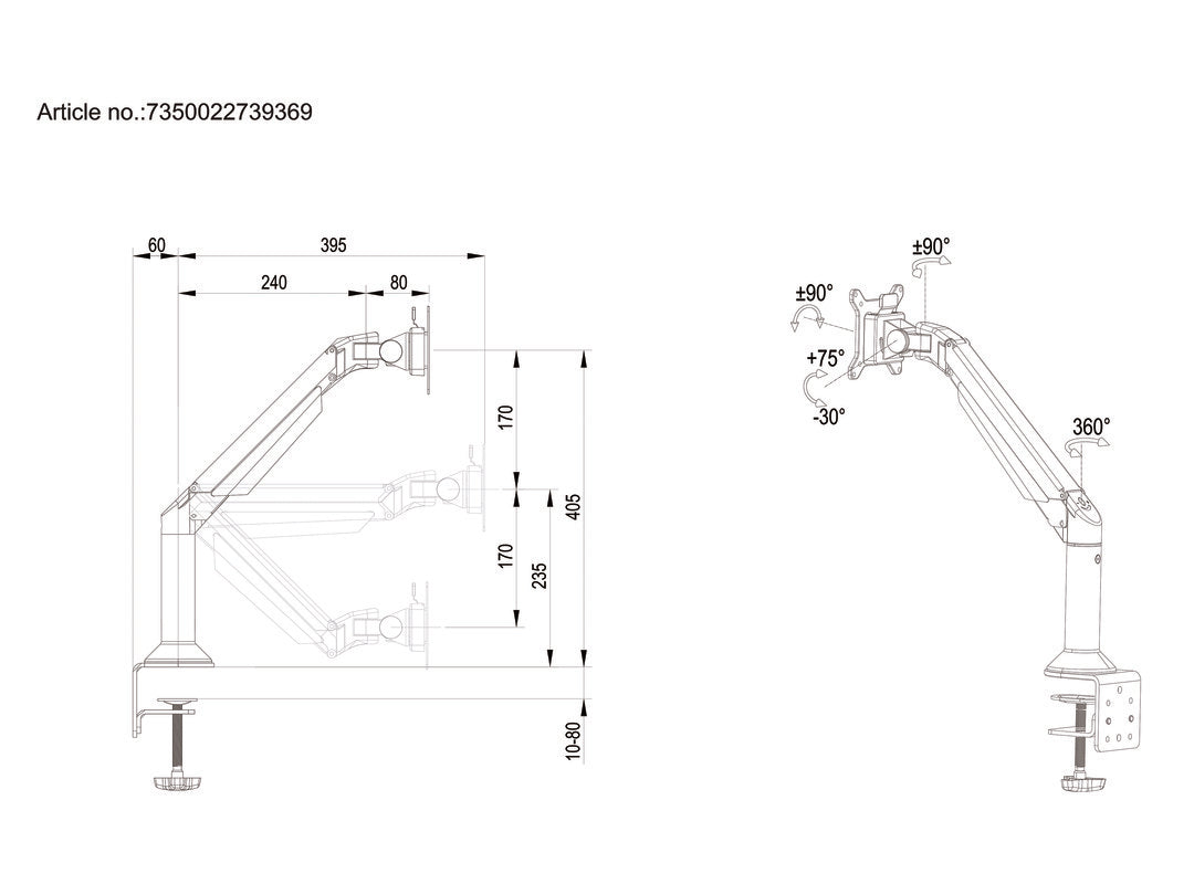 Multibrackets 15" - 34" M VESA Gas Lift Arm Desk or Wall Basic Black Monitor Arm Desk Mount Multibrackets