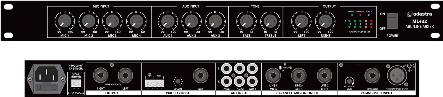 Adastra ML432 1U Mic/Line Rack Mixer | 953.024UK Audio Mixer Adastra