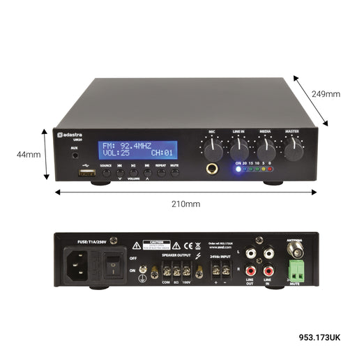 Adastra UM Series Ultra Compact Mixer-Amplifiers 100V | 953.173UK Audio Amplifier Adastra