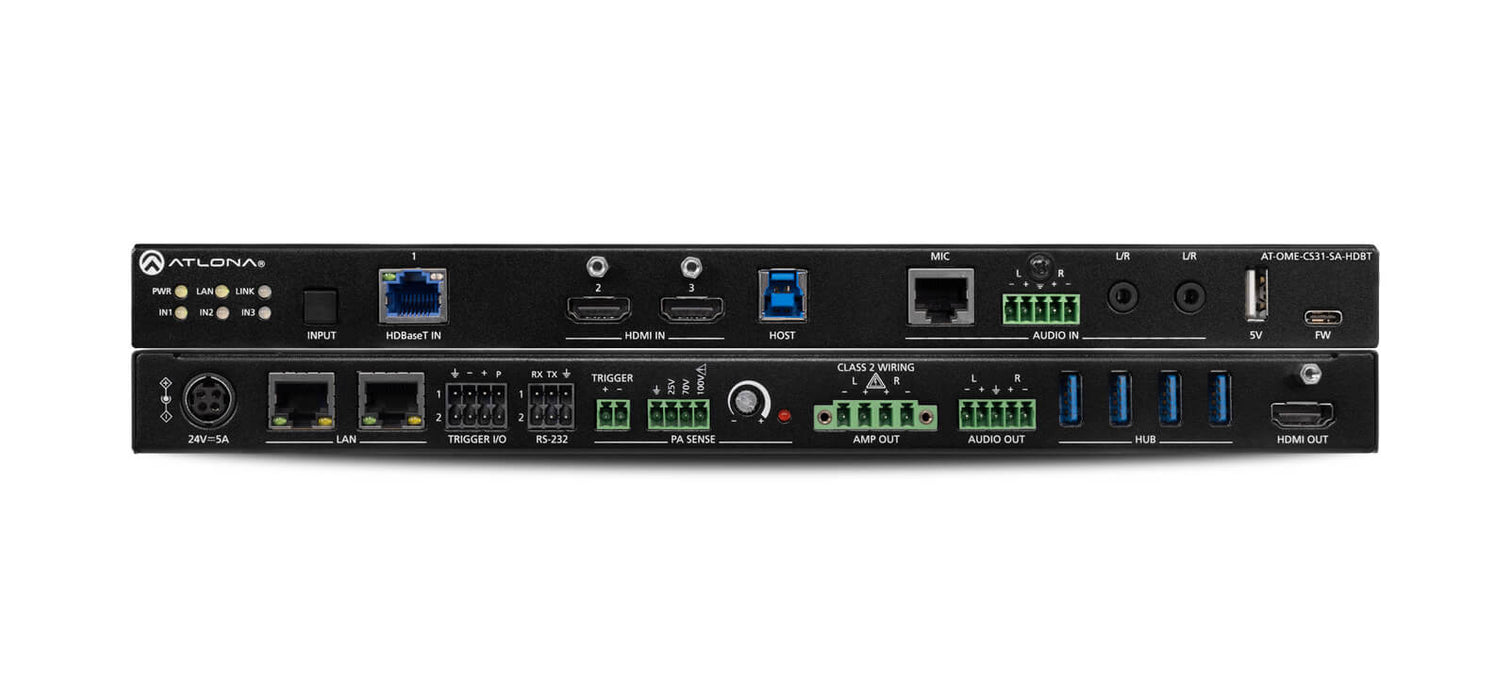 Atlona Three-Input HDBaseT and HDMI Switcher Mixer Amplifier and USB Hub | AT-OME-CS31-SA-HDBT Matrix Switcher Atlona