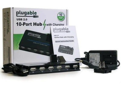 Plugable USB2-HUB10C2-EU USB Hub 10 Port - USB 2.0 with 20W Power Adapter and Two Flip-Up Ports USB Hubs & Docking Station Plugable