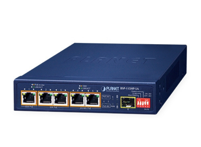 Planet 5-Port Hybrid PoE Solar PoE Switch with 1-Port 1000X SFP | BSP-115HP-5A Network Switch Planet