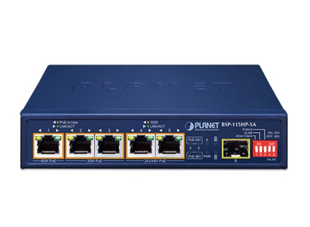 Planet 5-Port Hybrid PoE Solar PoE Switch with 1-Port 1000X SFP | BSP-115HP-5A Network Switch Planet