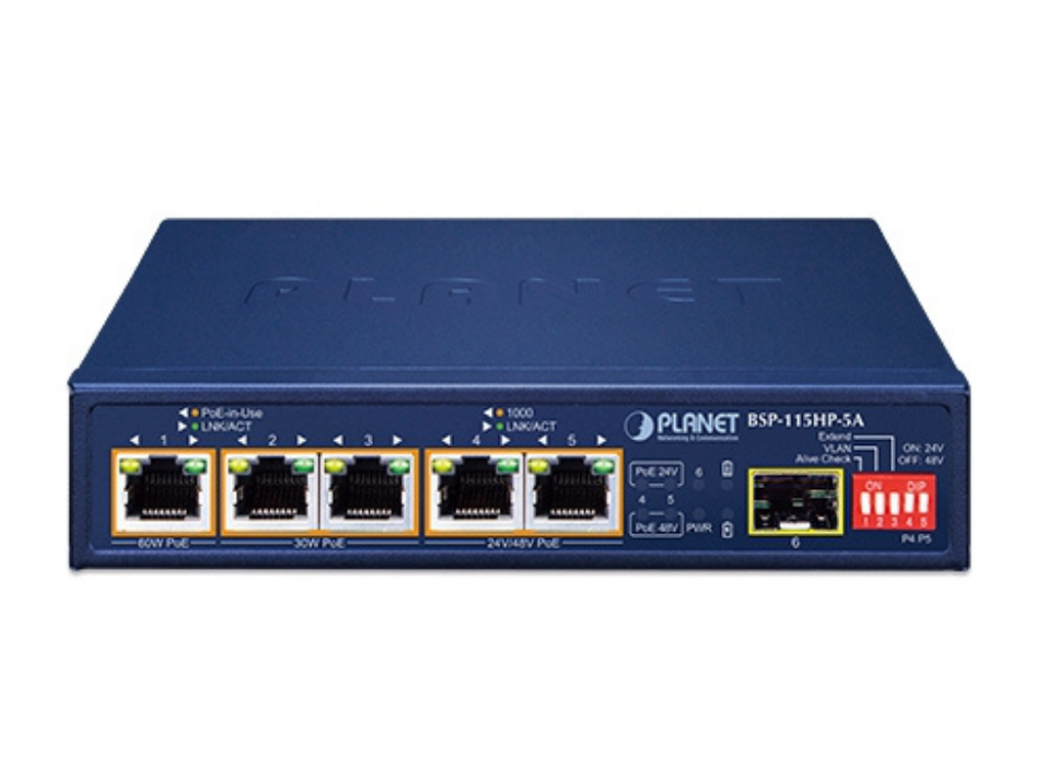 Planet 5-Port Hybrid PoE Solar PoE Switch with 1-Port 1000X SFP | BSP-115HP-5A Planet Network Switches Planet