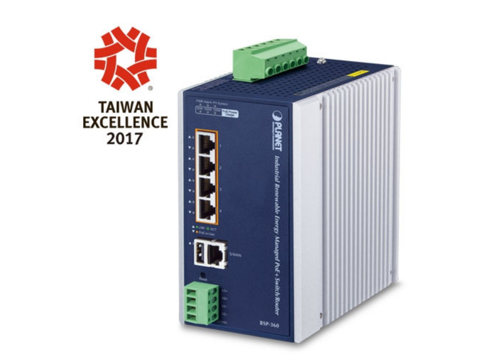 Planet Industrial Renewable Power 5-Port Gigabit Managed Switch/Router with 4-Port 802.3at PoE+ | BSP-360 Network Switch Planet