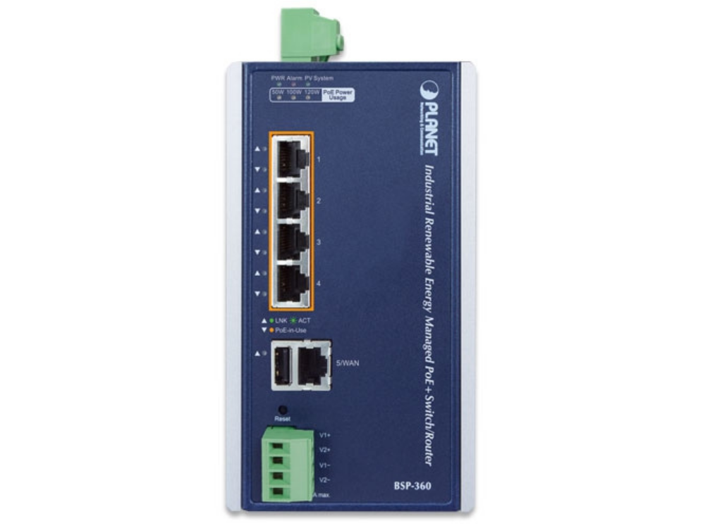 Planet Industrial Renewable Power 5-Port Gigabit Managed Switch/Router with 4-Port 802.3at PoE+ | BSP-360 Network Switch Planet