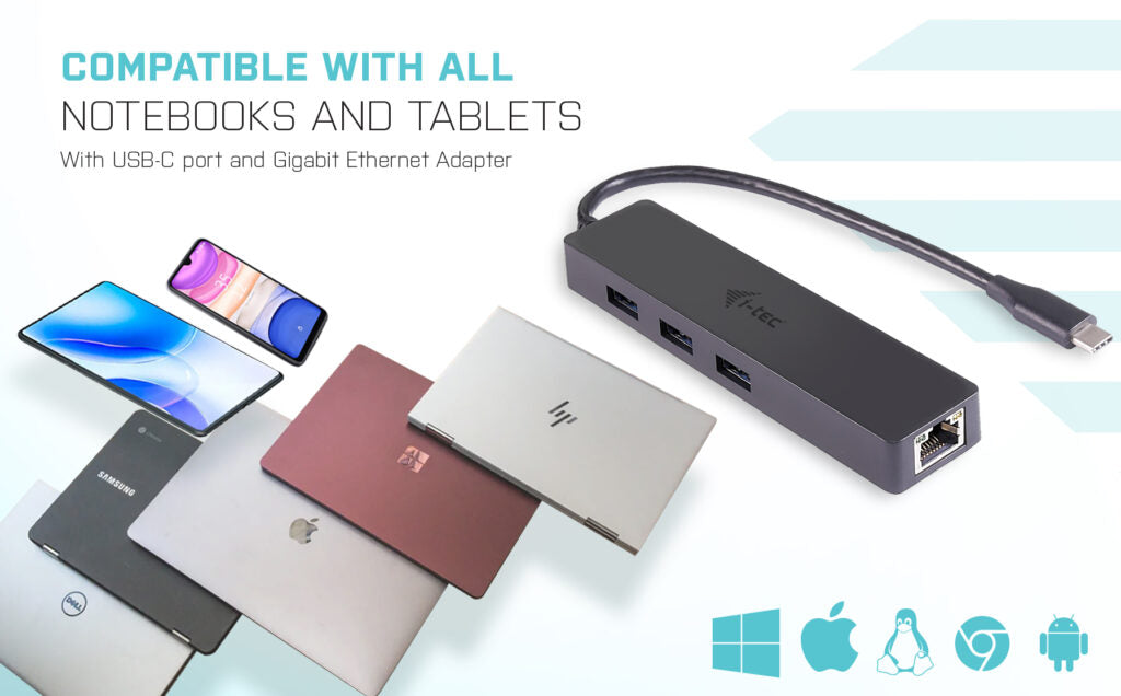 i-tec USB-C Slim Passive HUB 3 Port + Gigabit Ethernet Adapter | C31GL3SLIM USB Hubs & Docking Station i-tec