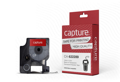 Capture Rhino Compatible 12mm x 5.5m Black on Transparent Permanent Polyester Tape Printer Consumable Capture