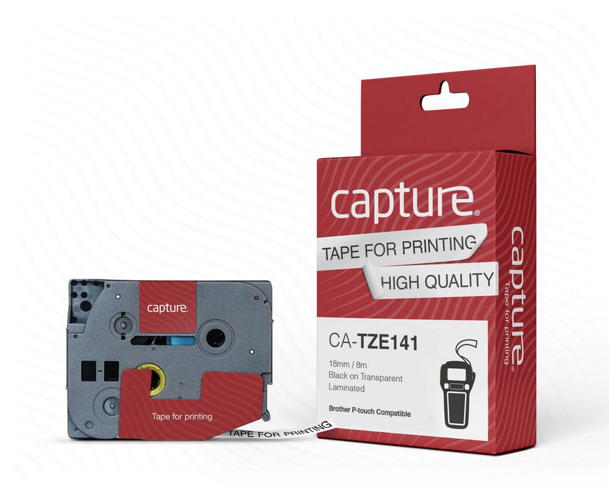 Capture P-Touch Compatible 18mm x 8m Black on Transparent Tape | CA-TZE141 Labelling Tapes Capture