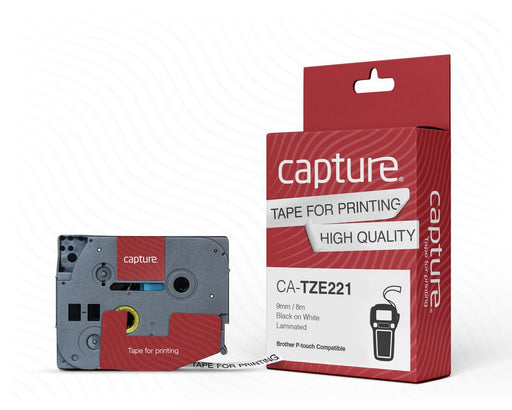 Capture P-Touch Compatible 9mm x 8m Black on White Tape | CA-TZE221 Labelling Tapes Capture