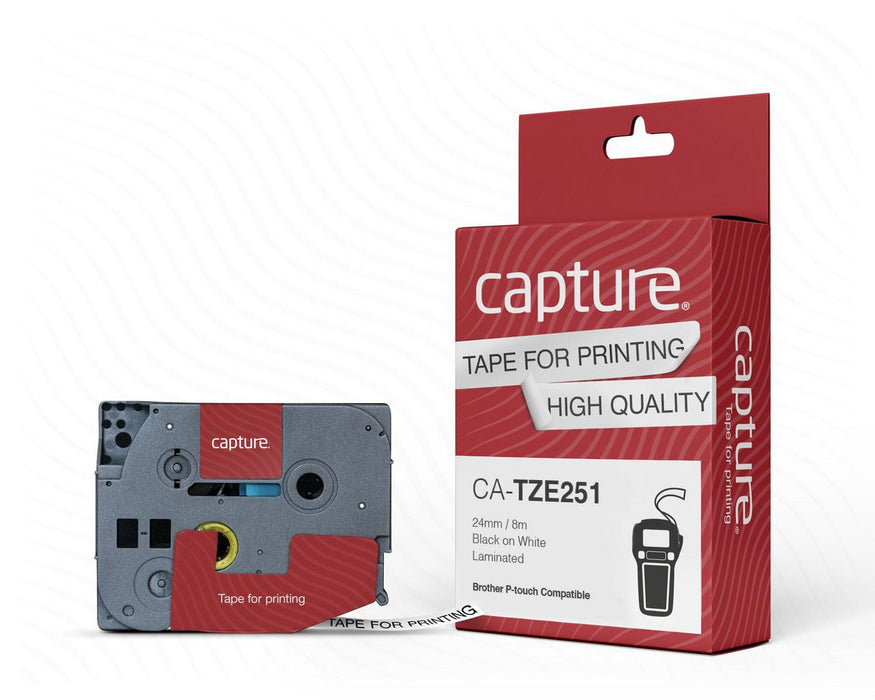 Capture P-Touch Compatible 24mm x 8m Black on White Tape | CA-TZE251 Labelling Tapes Capture