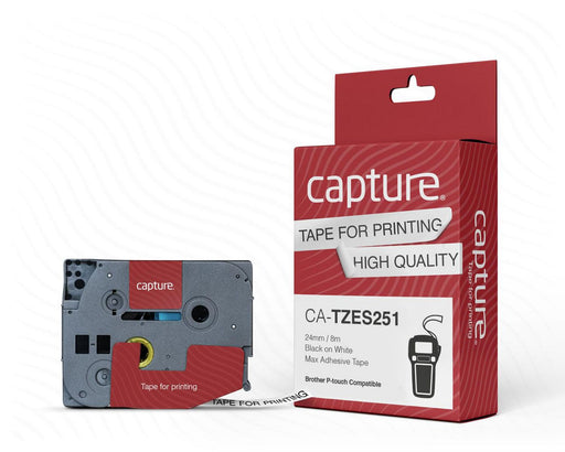 Capture P-Touch Compatible 24mm x 8m Black on White Max Adhesive Tape | CA-TZES251 Labelling Tapes Capture