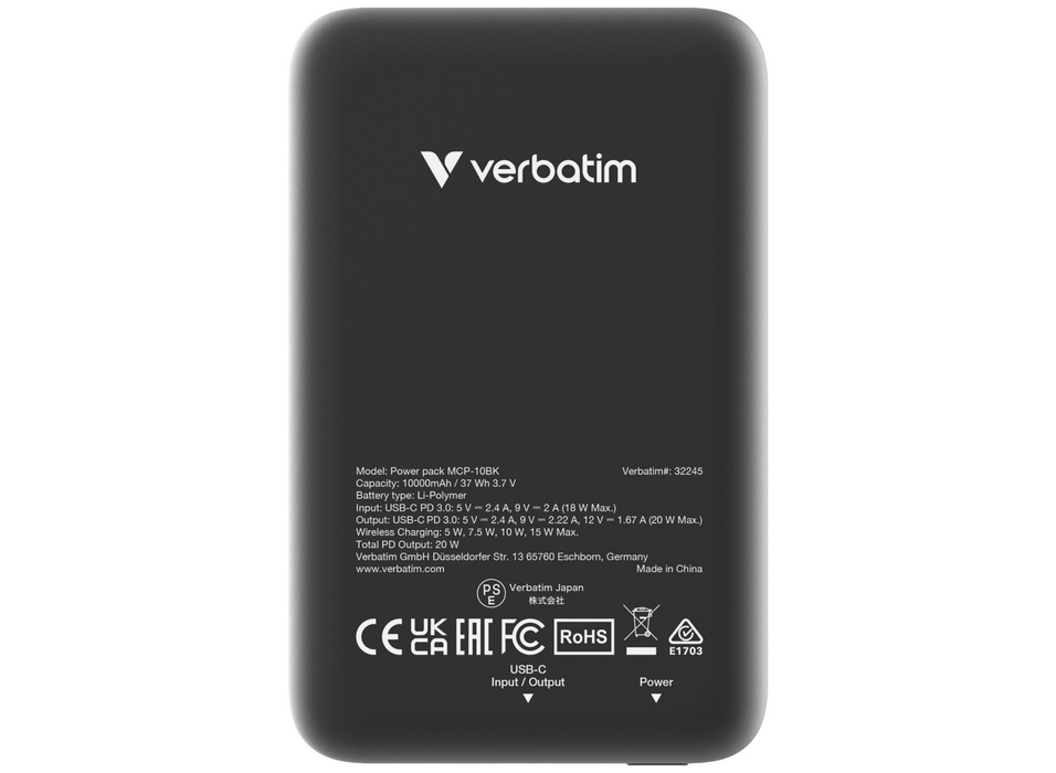 Verbatim Charge 'n' Go Magnetic Wireless Power Bank 10000 mAh - Black | 32245