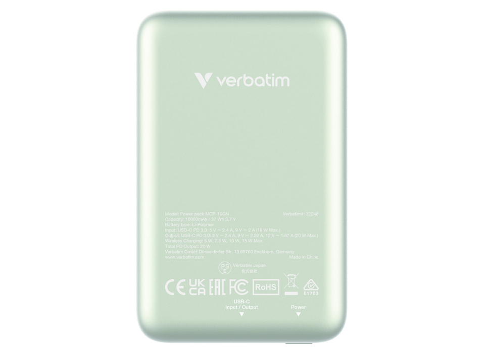 Verbatim Charge 'n' Go Magnetic Wireless Power Bank 10000 mAh - Green | 32246