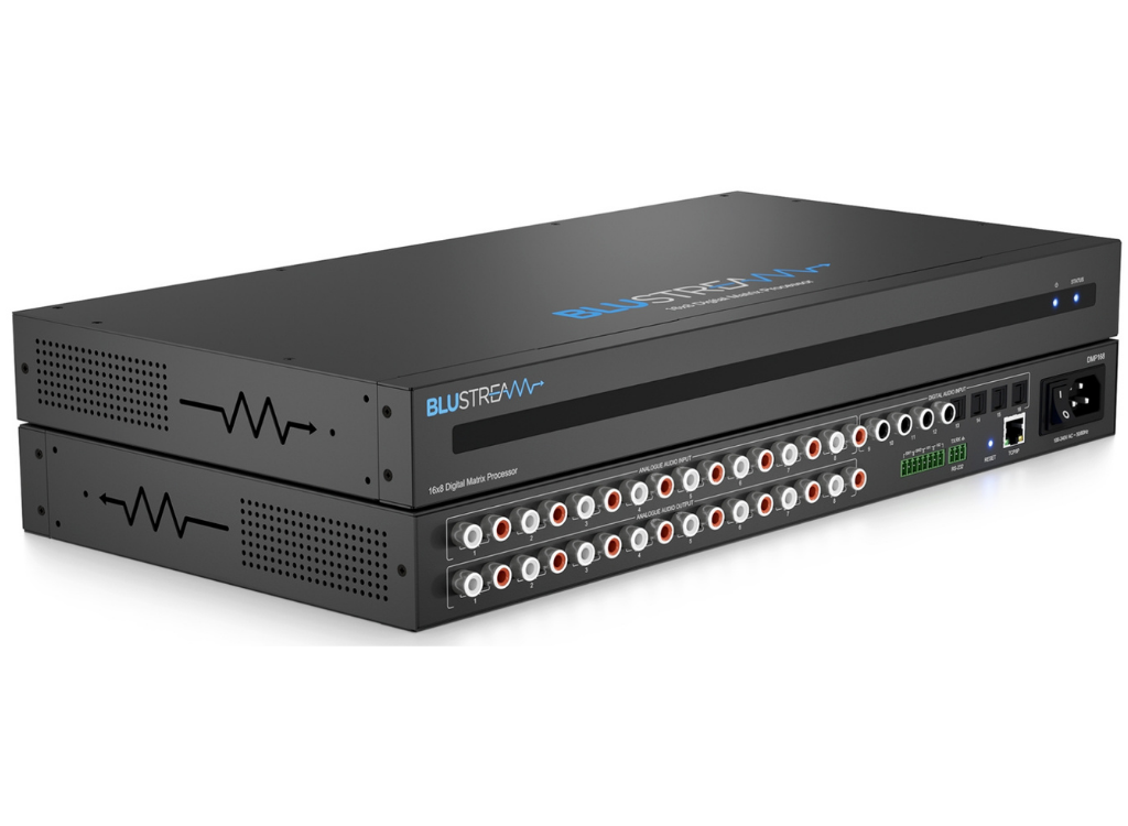 BluStream 16x8 Digital Matrix Processor with 8x analogue, 4x optical, and 4x coaxial inputs to 8x analogue audio outputs, DSP and EQ | DMP168 Matrix Switcher BluStream