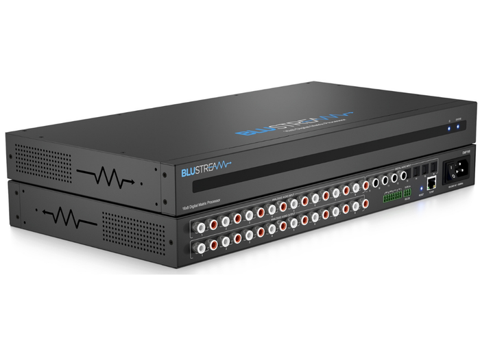 BluStream 16x8 Digital Matrix Processor with 8x analogue, 4x optical, and 4x coaxial inputs to 8x analogue audio outputs, DSP and EQ | DMP168 Matrix Switcher BluStream