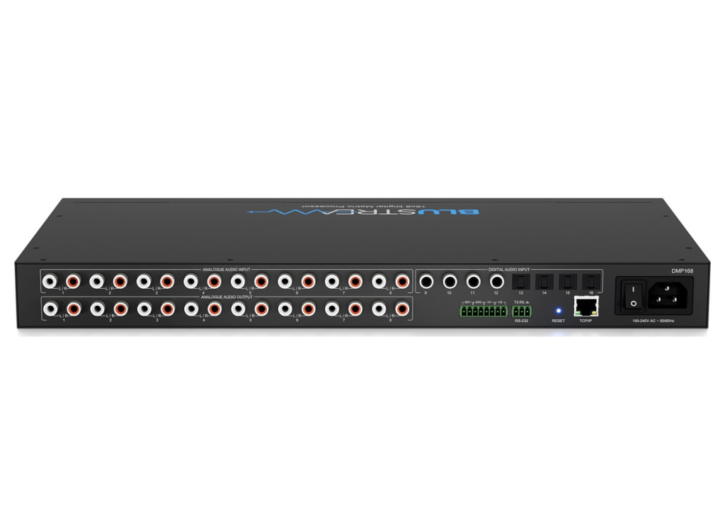 BluStream 16x8 Digital Matrix Processor with 8x analogue, 4x optical, and 4x coaxial inputs to 8x analogue audio outputs, DSP and EQ | DMP168 Matrix Switcher BluStream