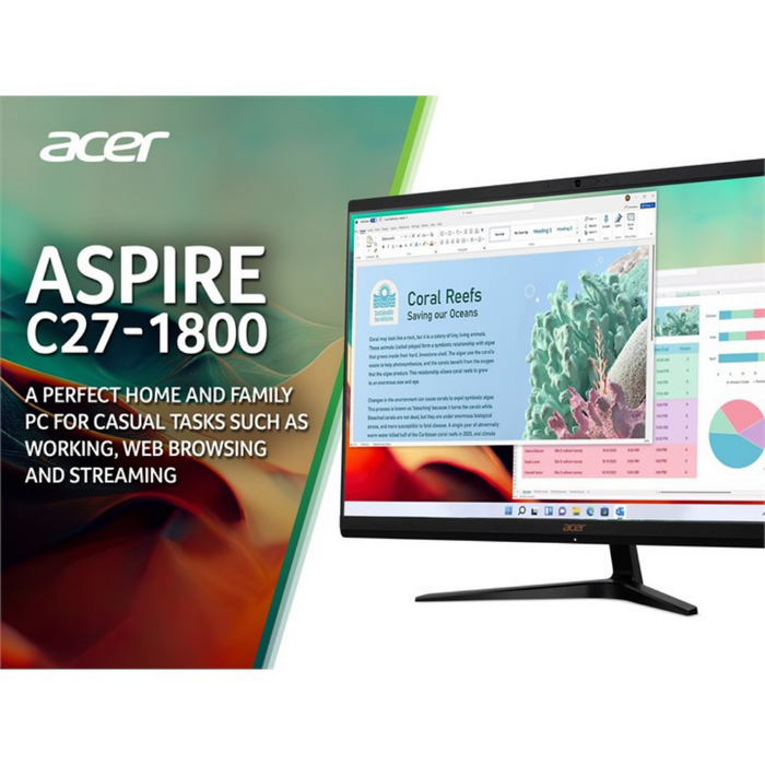 Acer Aspire C27-1800 Intel® Core™ i3 i3-1305U 27" 8 GB DDR4-SDRAM 1 TB SSD All-in-One PC Windows 11 Home Wi-Fi 6 Black