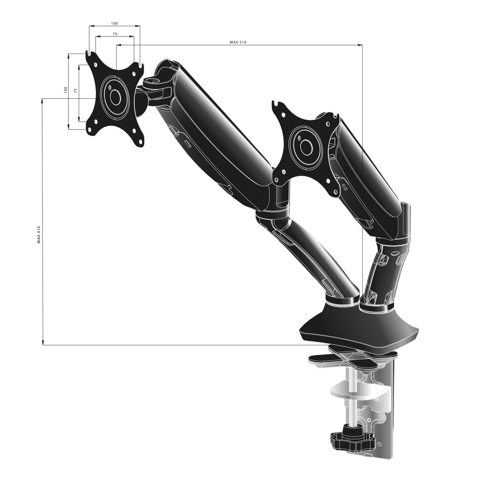 iiyama 10" - 27" Sleek And Stylish Dual Gas Spring Arm | DS3002C-B1 Monitor Arm Desk Mount iiyama