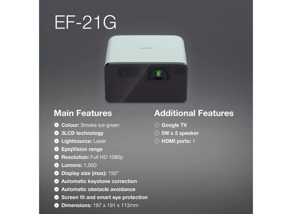 Epson EF-21G Standard Throw Full HD Projector - 1000 Lumens Projector Epson