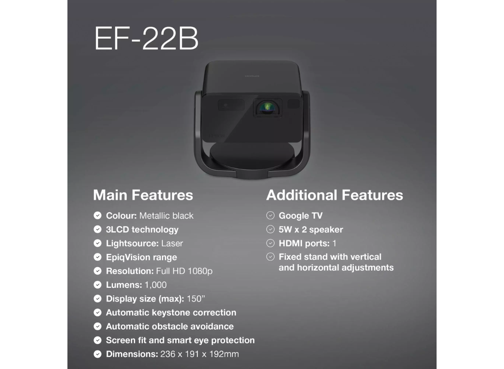 Epson EF-22B Data Standard Throw Full HD Projector - 1000 Lumens Projector Epson