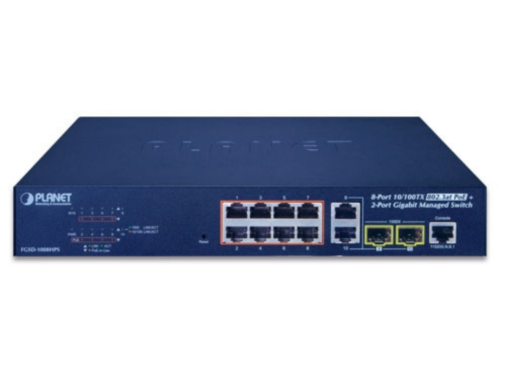 Planet 8-Port 10/100TX 802.3at PoE + 2-Port Gigabit TP/SFP Combo Managed Ethernet Switch Network Switch Planet
