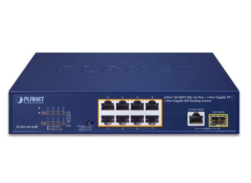Planet 8-Port 10/100TX 802.3at PoE + 1-Port 10/100/1000T + 1-Port 100/1000X SFP Desktop Switch | FGSD-1011HP Network Switch Planet