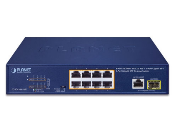 Planet 8-Port 10/100TX 802.3at PoE + 1-Port 10/100/1000T + 1-Port 100/1000X SFP Desktop Switch | FGSD-1011HP Network Switch Planet