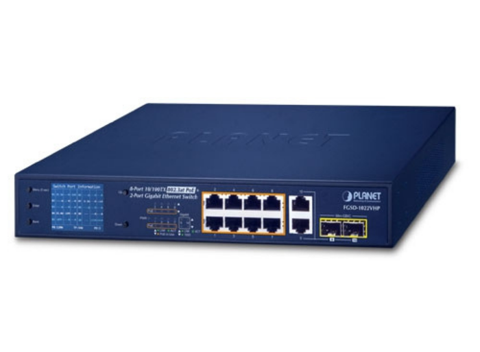 Planet 8-Port 10/100TX 802.3at PoE + 2-Port Gigabit TP/SFP Combo Desktop Switch with PoE LCD Monitor | FGSD-1022VHP Network Switch Planet