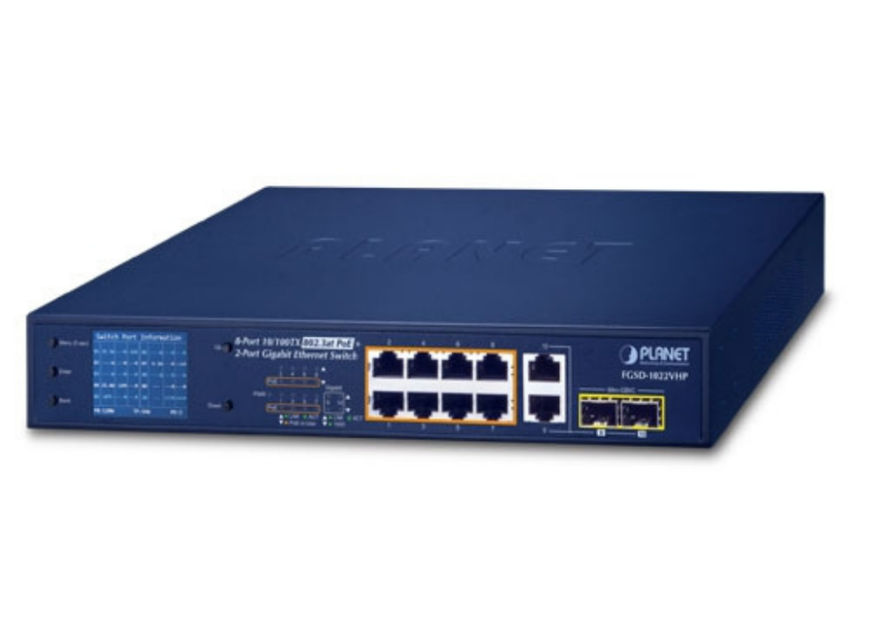 Planet 8-Port 10/100TX 802.3at PoE + 2-Port Gigabit TP/SFP Combo Desktop Switch with PoE LCD Monitor | FGSD-1022VHP Planet Network Switches Planet