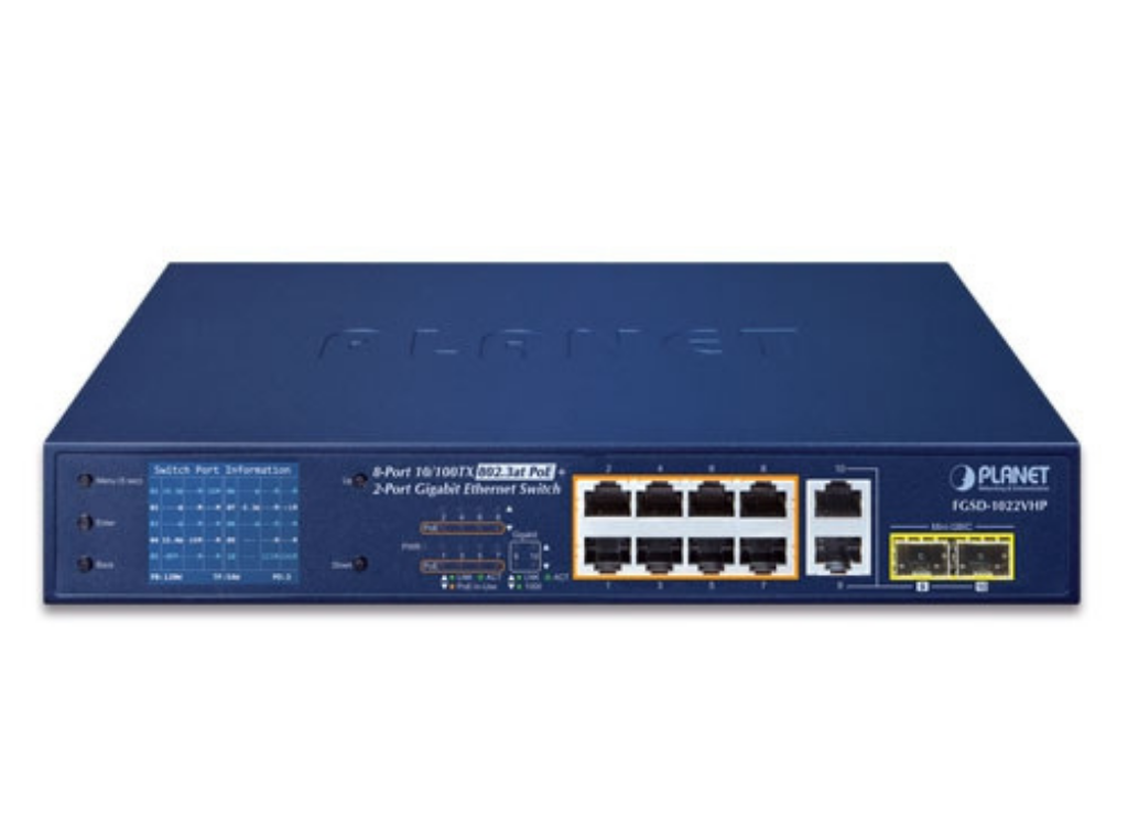 Planet 8-Port 10/100TX 802.3at PoE + 2-Port Gigabit TP/SFP Combo Desktop Switch with PoE LCD Monitor | FGSD-1022VHP Network Switch Planet