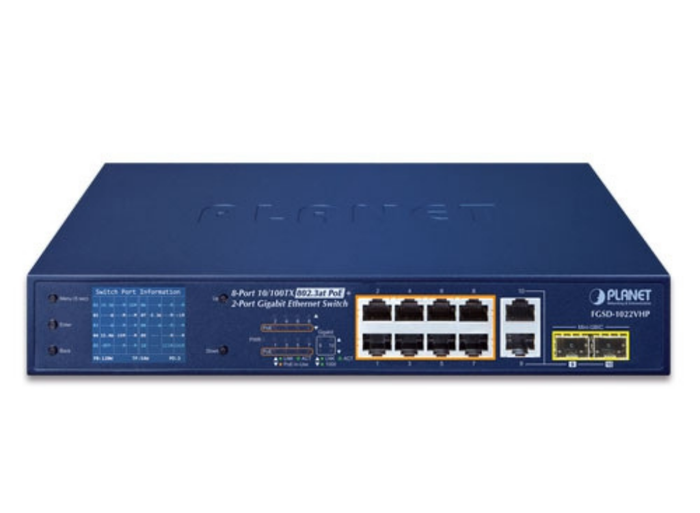 Planet 8-Port 10/100TX 802.3at PoE + 2-Port Gigabit TP/SFP Combo Desktop Switch with PoE LCD Monitor | FGSD-1022VHP Network Switch Planet